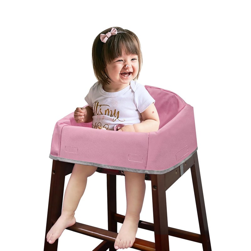 Solfres Dual-Belt Baby High Chair Cover, Upgrade Version, for Wooden or Restaurant High Chair, Sturdy and Robust Material, Waterproof Washable Stain and Slip Resistant, Pink - Image 1